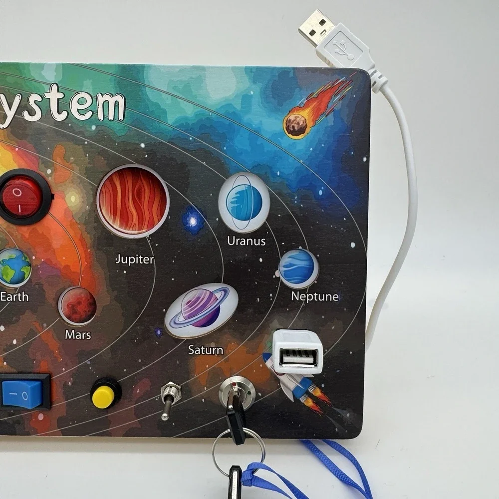 Montessori Wooden Solar System Busy Board With 8 LED Light Switches Sensory Toy